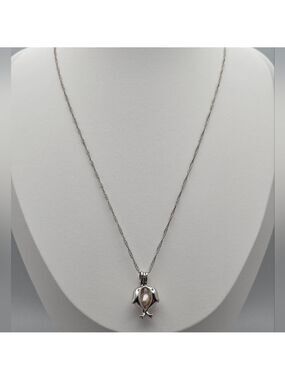 Kissing Dolphins Cage Pendant w/Pink Genuine Pearl Necklace Silver Tone Twist